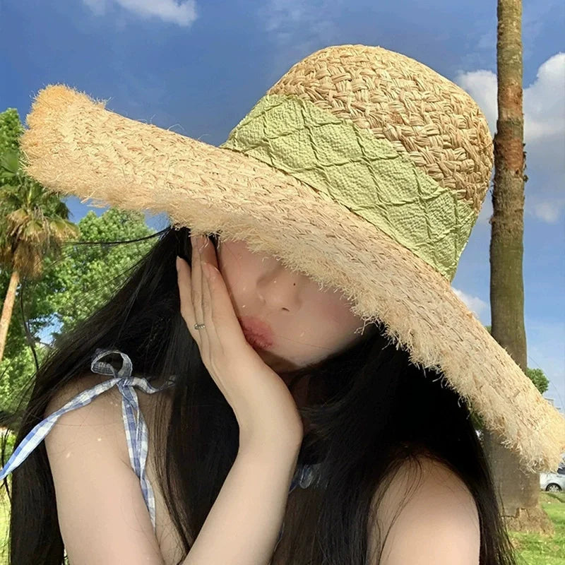 Flower rose decoration raffia straw hat for women summer large brim sun hat seaside atmosphere elegant wedding hat
