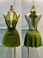 Women Elegant Solid Satin Dress, Back Zipper Open Back Fitted Midi Dress, Casual Vacation Party Banquet Cocktail Gown