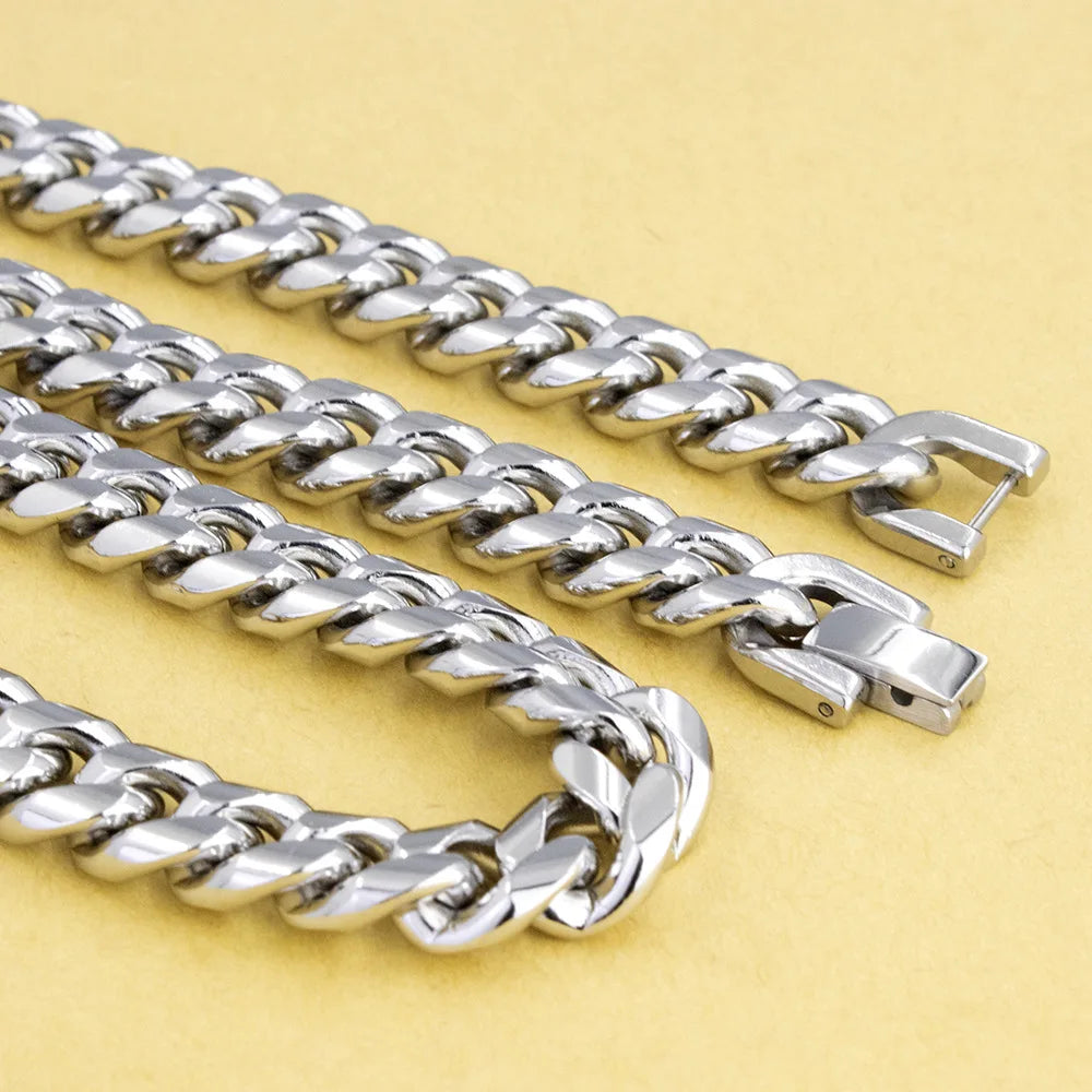 YQ 8MM-12MM Wide 316L Stainless Steel Cuban Link Chain Necklace Bracelet For Men Thick Punk Hip Hop Accessories Male