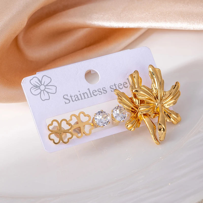 ANENJERY 316L Stainless Steel Flower Heart Butterfly Bowknot Earrings For Women Personality Fashion Vintage Jewelry Wholesale