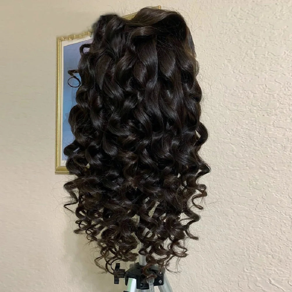 Soft Black Preplucked Soft 26“Long Deep Wave180Density Lace Front Wig Synthetic For Women Heat Resistant Glueless