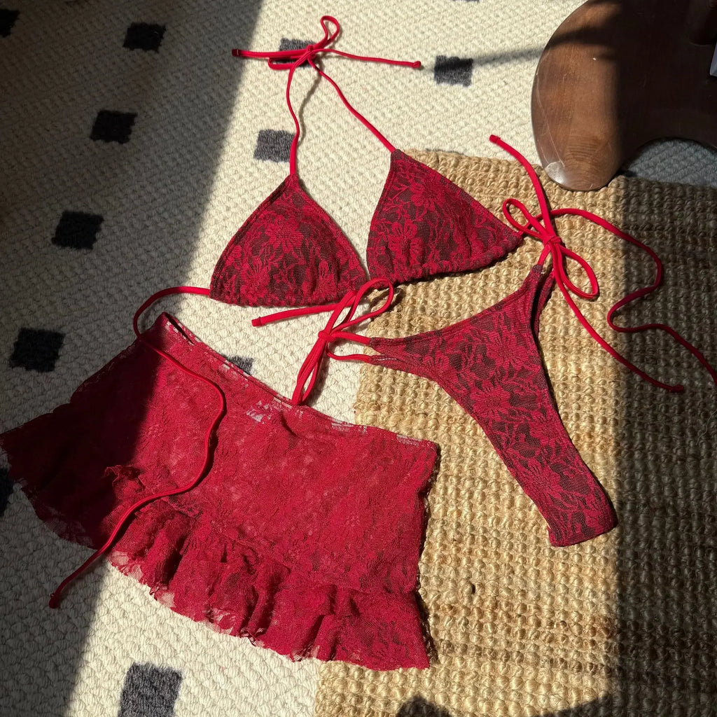 Sexy Lace Micro Mini String Halter Tie Bikinis Sets 3pcs with Ruffles Mini Skirt Black Red Color Swimwear Swimsuit Bathing Suit