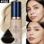 2Pcs Full Coverage Waterproof Liquid Foundation&Black Triangular Powder Puff-LongLasting Matte Finish Dark Circle&Blemish Cover