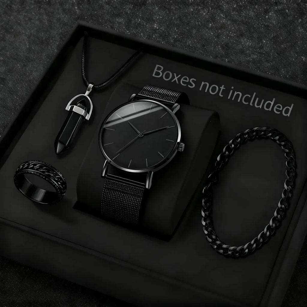 4PCS Fashion Men Business Watches Jewelry Set Simple Dial Quartz Wristwatch for Man Clock Reloj Hombre（Without Box）