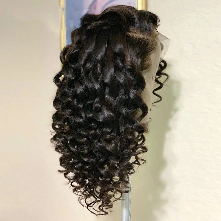 Soft Black Preplucked Soft 26“Long Deep Wave180Density Lace Front Wig Synthetic For Women Heat Resistant Glueless