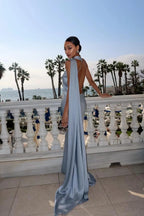 Satin Ribbon Halter Long Dresses Women's Backless Casual Maxi Dress Evening Wedding Guest White Blue Green Summer Graduation New