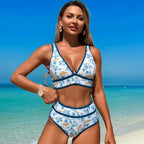 Women's Bikini Sets Swimsuits V Neck High Waisted 2 Piece Bathing Suits Solid/Flower Printed Swimwear Bikinis