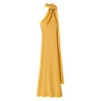 Satin Ribbon Halter Long Dresses Women's Backless Casual Maxi Dress Evening Wedding Guest White Blue Green Summer Graduation New