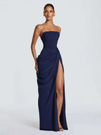 Elegant Yellow Strapless Pleated Dress Women Chic Sleeveless Waist Cinching Split Maxi Gowns 2026 Summer Lady Evening Party Robe