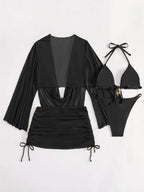 4pcs Sexy Solid Color Bikini Set With Sheer Cover-Up, Suitable For Vacation, Beach Party, Perfect For New Year And Valentine's