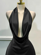 Women Elegant Solid Satin Dress, Back Zipper Open Back Fitted Midi Dress, Casual Vacation Party Banquet Cocktail Gown