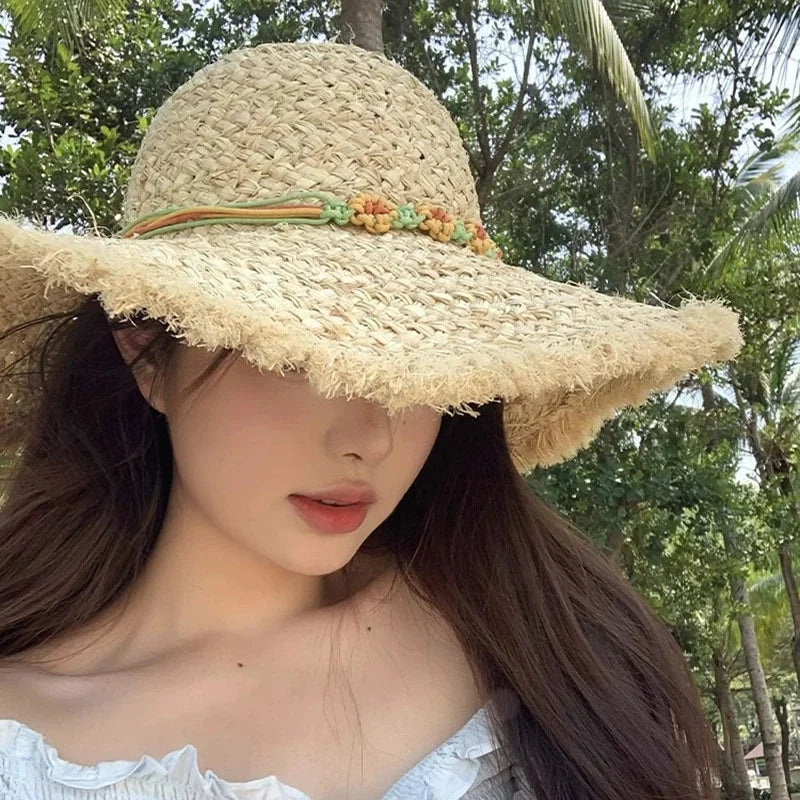 Flower rose decoration raffia straw hat for women summer large brim sun hat seaside atmosphere elegant wedding hat