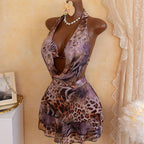 Leopard Print 4 Piece Bathing Suit Women Halter Drape Front Hollow Out Tiered Skirt Cover Up Bikini Set Pool Party Swimwear
