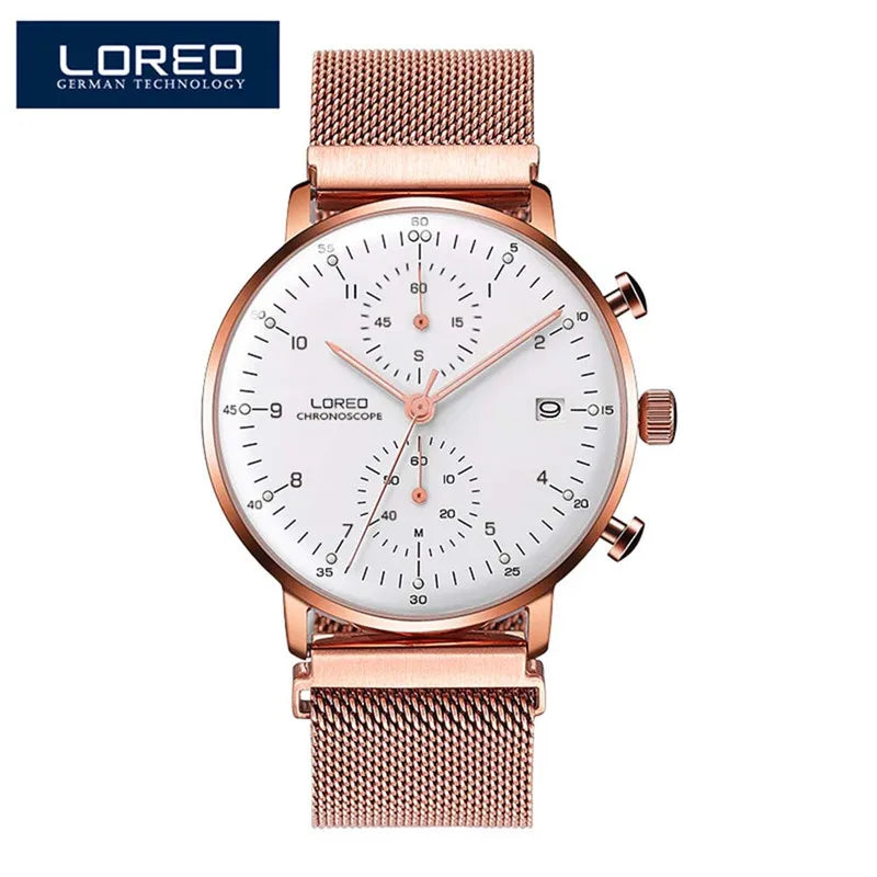 LOREO Luxury Brand Silver Steel Quartz Men Steel Watch Waterproof 3ATM Luminous Watches Calendar Watch Dropshipping 2023