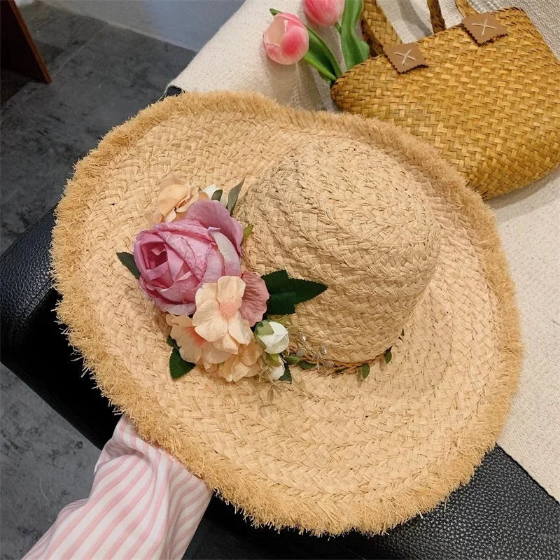 Flower rose decoration raffia straw hat for women summer large brim sun hat seaside atmosphere elegant wedding hat