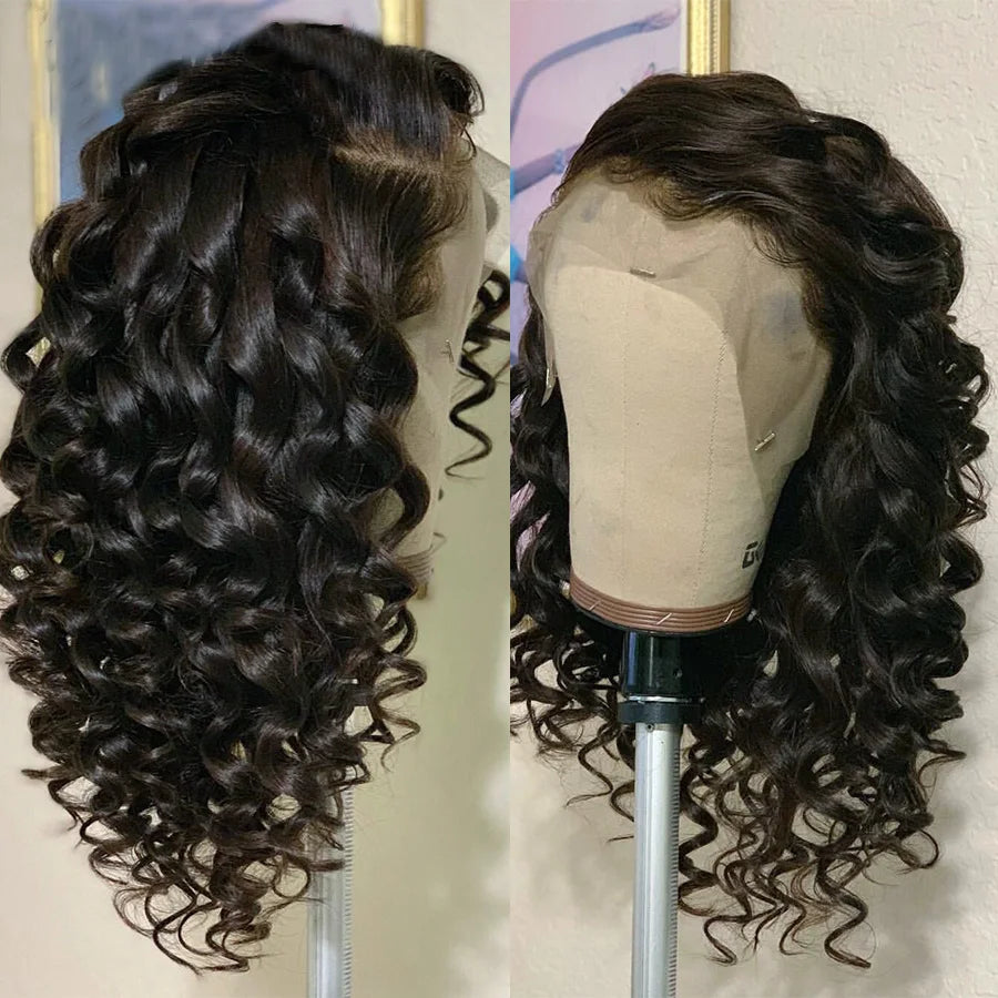 Soft Black Preplucked Soft 26“Long Deep Wave180Density Lace Front Wig Synthetic For Women Heat Resistant Glueless