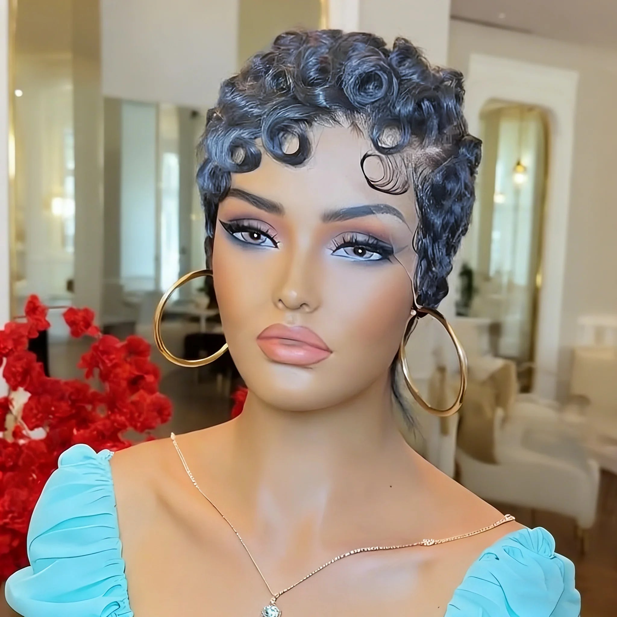 13x4 Lace Front Human Hair Wig for Women Short Layered Pixie Cut with Bangs Natural Black Dark 99J ColorCurly Wavy Hair