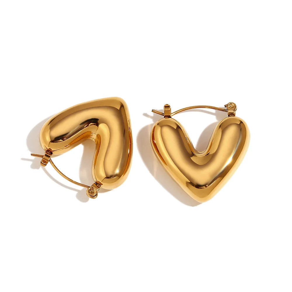 Simple Stainless Steel Gold Plated Chunky Big Hoop Earring for Women Vintage Punk Glossy Thick Heart Earrings Minimalist Jewelry