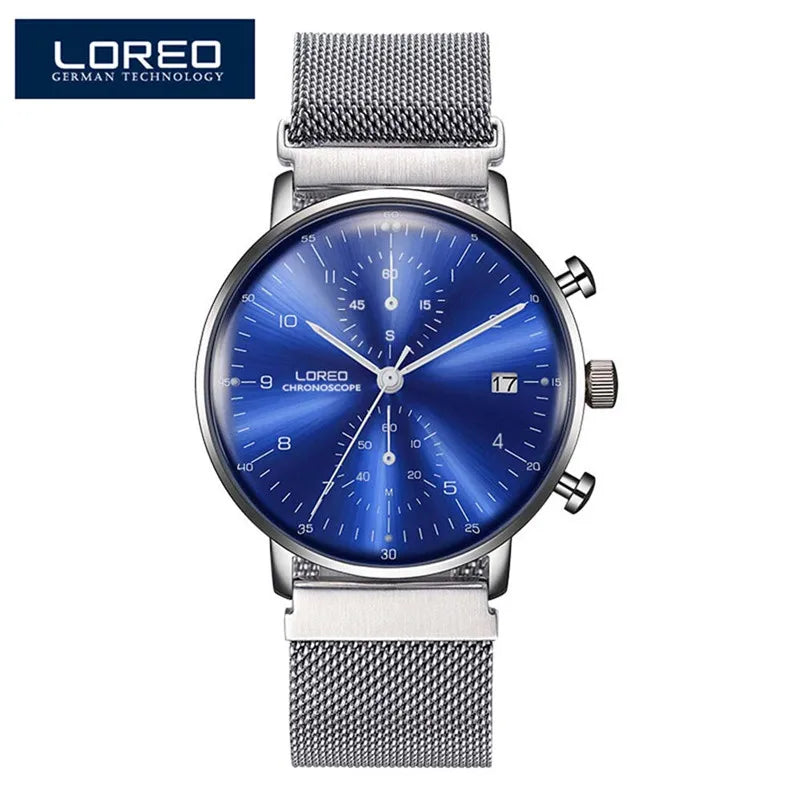 LOREO Luxury Brand Silver Steel Quartz Men Steel Watch Waterproof 3ATM Luminous Watches Calendar Watch Dropshipping 2023