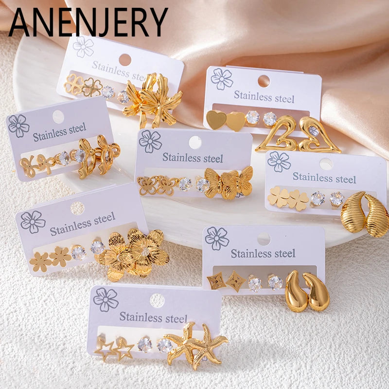 ANENJERY 316L Stainless Steel Flower Heart Butterfly Bowknot Earrings For Women Personality Fashion Vintage Jewelry Wholesale