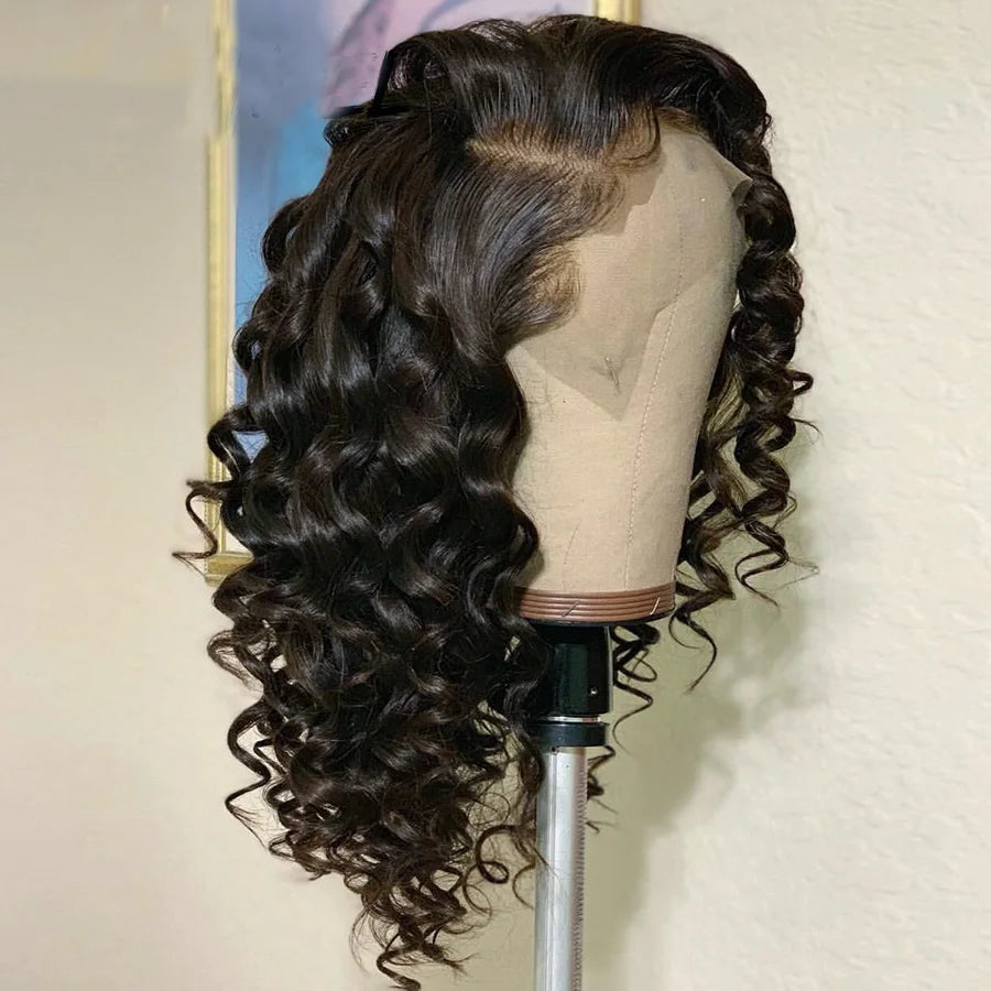 Soft Black Preplucked Soft 26“Long Deep Wave180Density Lace Front Wig Synthetic For Women Heat Resistant Glueless