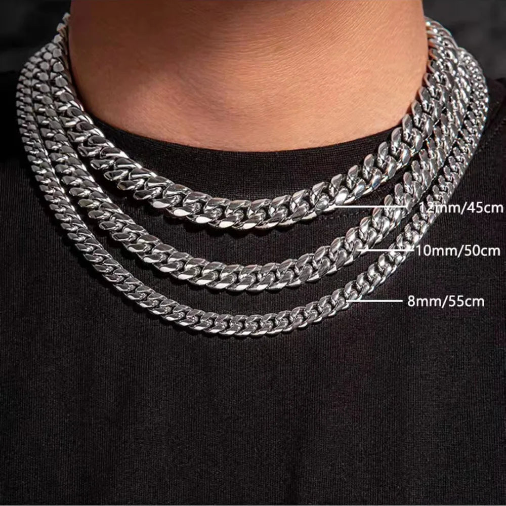 YQ 8MM-12MM Wide 316L Stainless Steel Cuban Link Chain Necklace Bracelet For Men Thick Punk Hip Hop Accessories Male