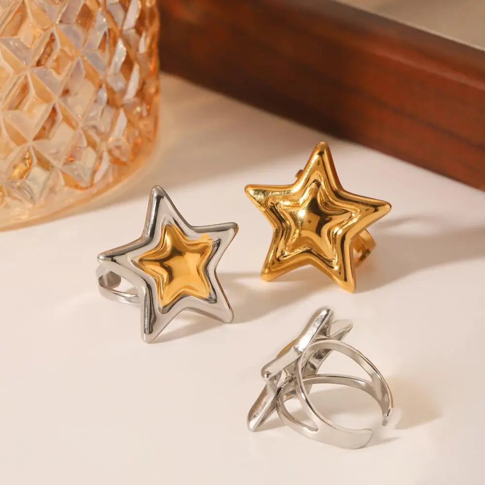 Y2K Star Open Ring for Women Gold Plated Hypoallergenic Adjustable Stainless Steel Fashion Party Jewelry Valentine's Day Gifts