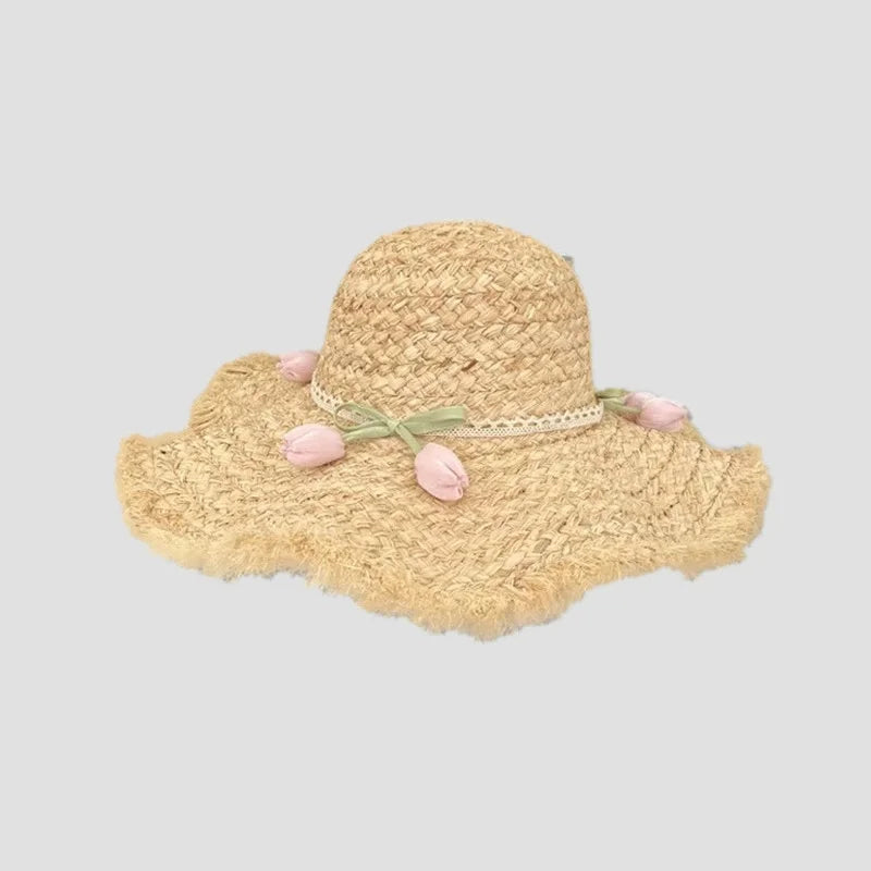 Flower rose decoration raffia straw hat for women summer large brim sun hat seaside atmosphere elegant wedding hat