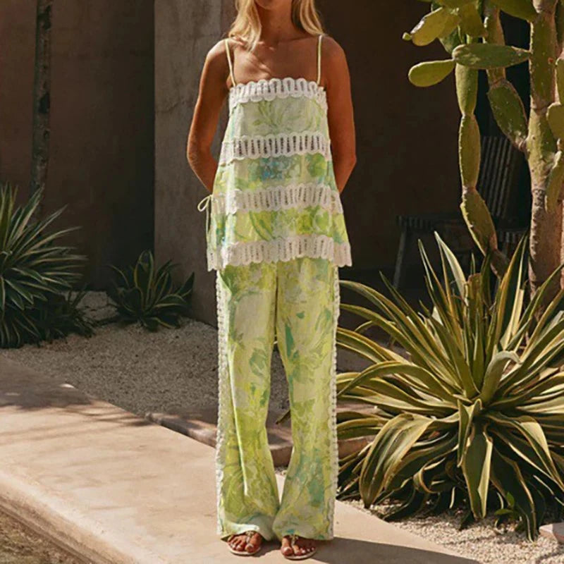 Casual Loose Vacation Two Piece Suits Fashion New Sleeveless Halter Tops & Pants Sets Summer New Printed Women's Beach Outfits