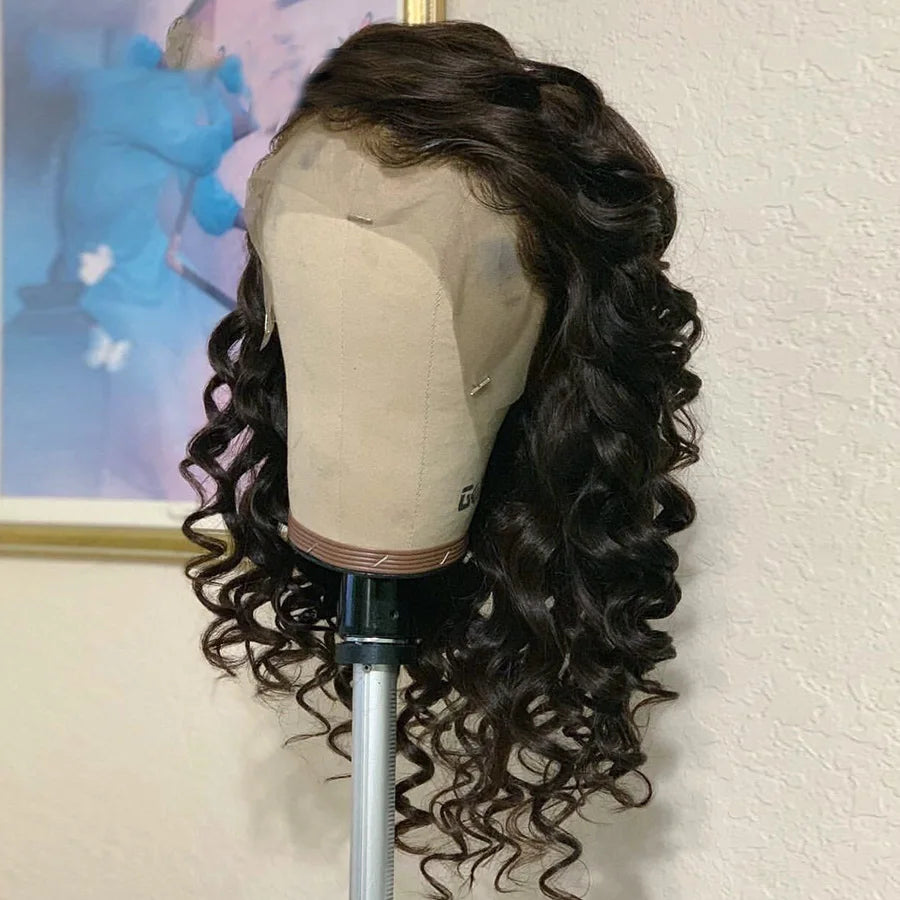 Soft Black Preplucked Soft 26“Long Deep Wave180Density Lace Front Wig Synthetic For Women Heat Resistant Glueless