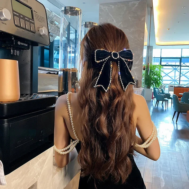 Korean Velvet Bow Hair Pins Fabric Rhinestone Pearl Hair Clips for Women Luxulry Jewelry Spring Clip Gils Hair Accessories