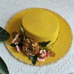 Flower rose decoration raffia straw hat for women summer large brim sun hat seaside atmosphere elegant wedding hat