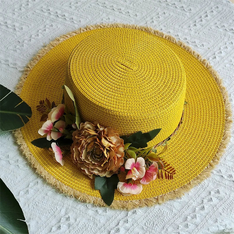 Flower rose decoration raffia straw hat for women summer large brim sun hat seaside atmosphere elegant wedding hat
