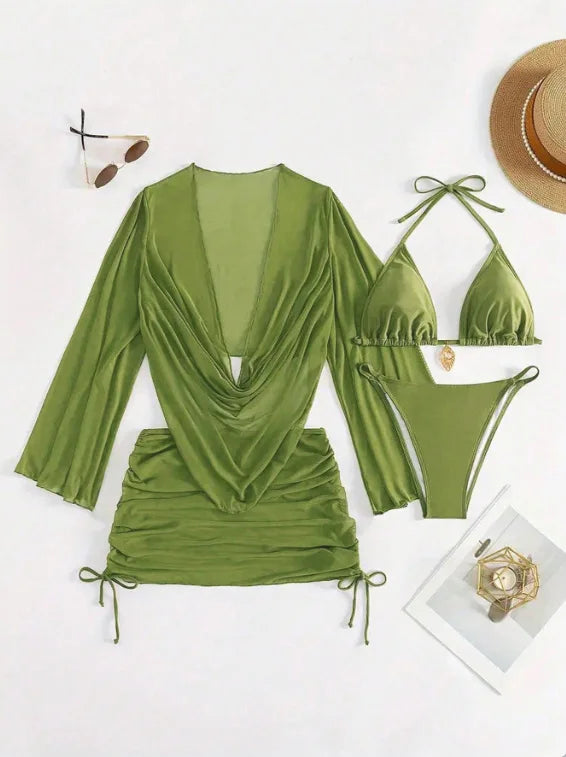 4pcs Sexy Solid Color Bikini Set With Sheer Cover-Up, Suitable For Vacation, Beach Party, Perfect For New Year And Valentine's