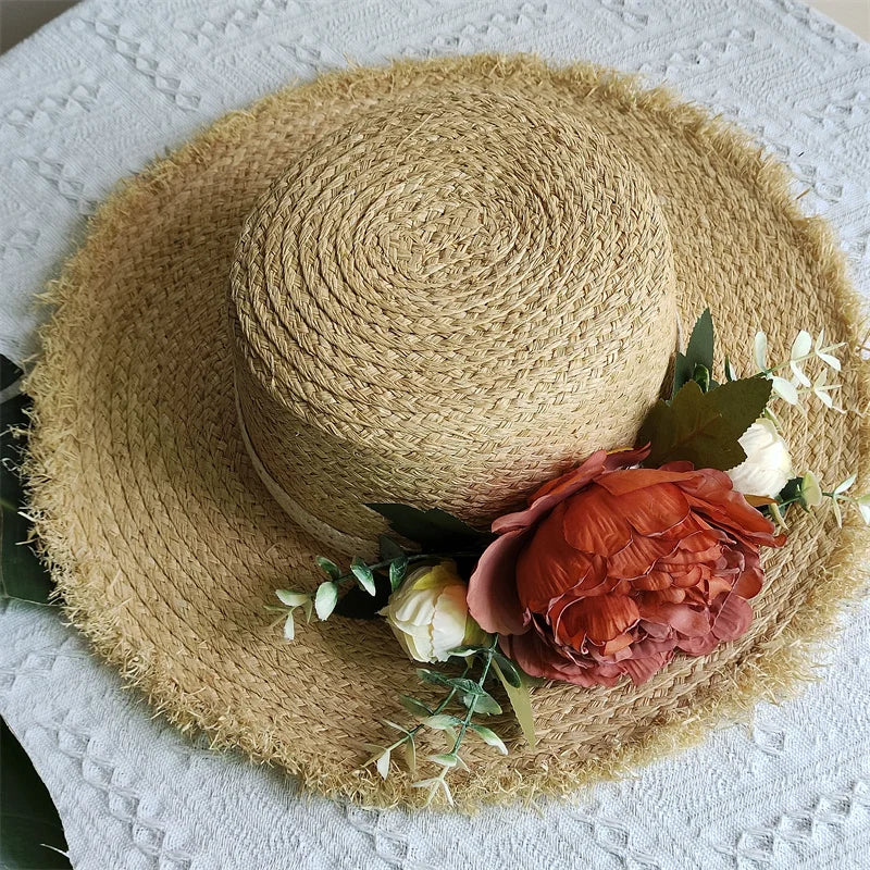Flower rose decoration raffia straw hat for women summer large brim sun hat seaside atmosphere elegant wedding hat