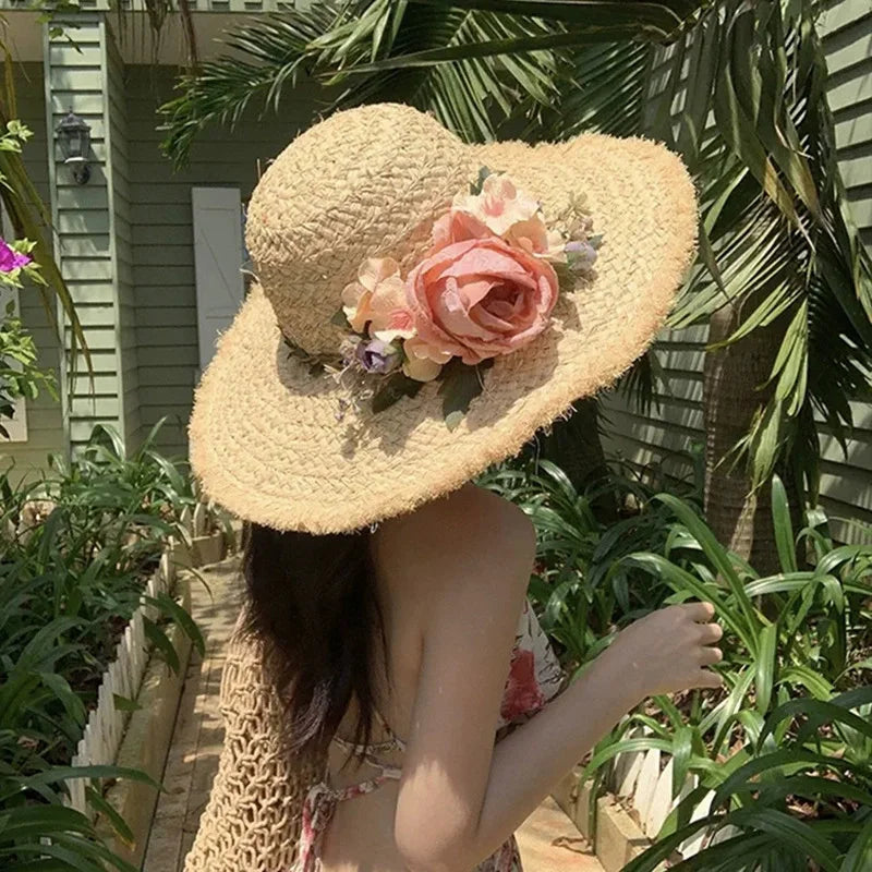 Flower rose decoration raffia straw hat for women summer large brim sun hat seaside atmosphere elegant wedding hat