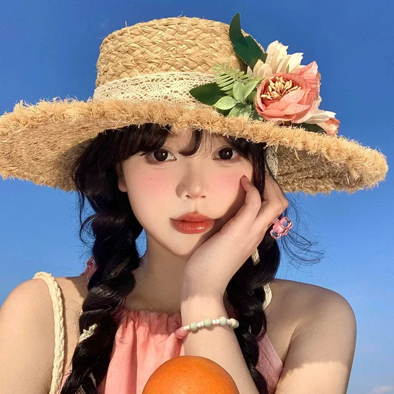 Flower rose decoration raffia straw hat for women summer large brim sun hat seaside atmosphere elegant wedding hat