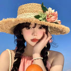 Flower rose decoration raffia straw hat for women summer large brim sun hat seaside atmosphere elegant wedding hat