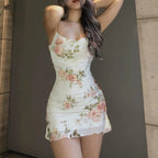 Women's Clothing Summer 2024 Trend Sling Dress Vintage Floral Ruched Mesh Slim Short Coquette Package Hip Slip Dresses