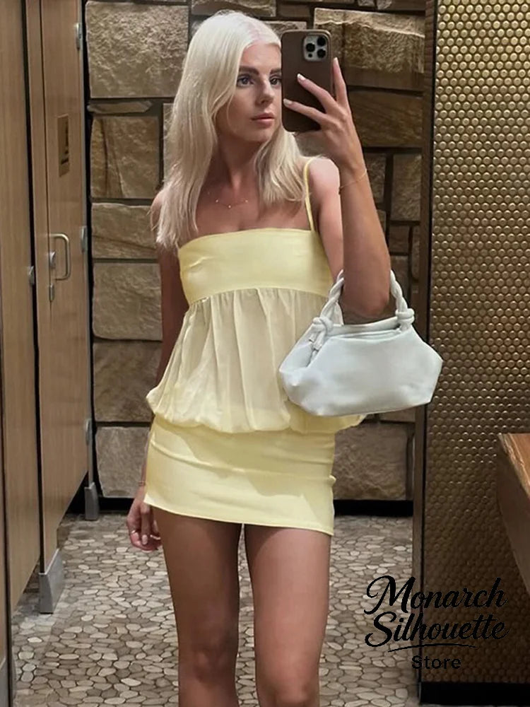Chic Yellow Gauze Pleated Strapless Dress Women Sleeveless Off Shoulder Slim Short Dresses 2026 Lady Evening Party Vestidos New
