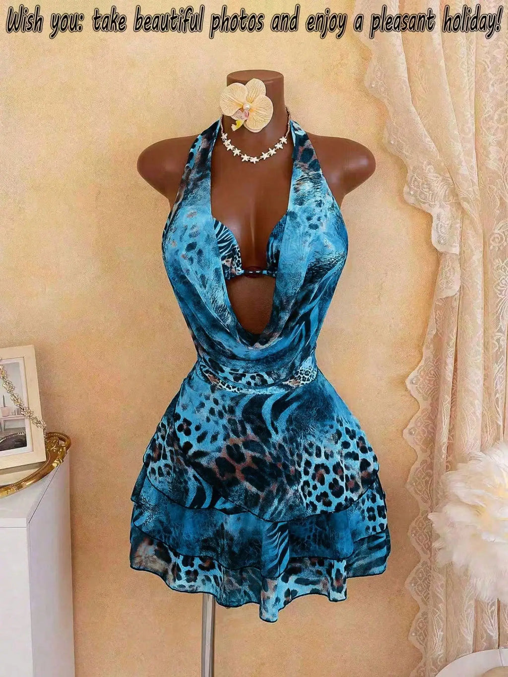 Leopard Print 4 Piece Bathing Suit Women Halter Drape Front Hollow Out Tiered Skirt Cover Up Bikini Set Pool Party Swimwear