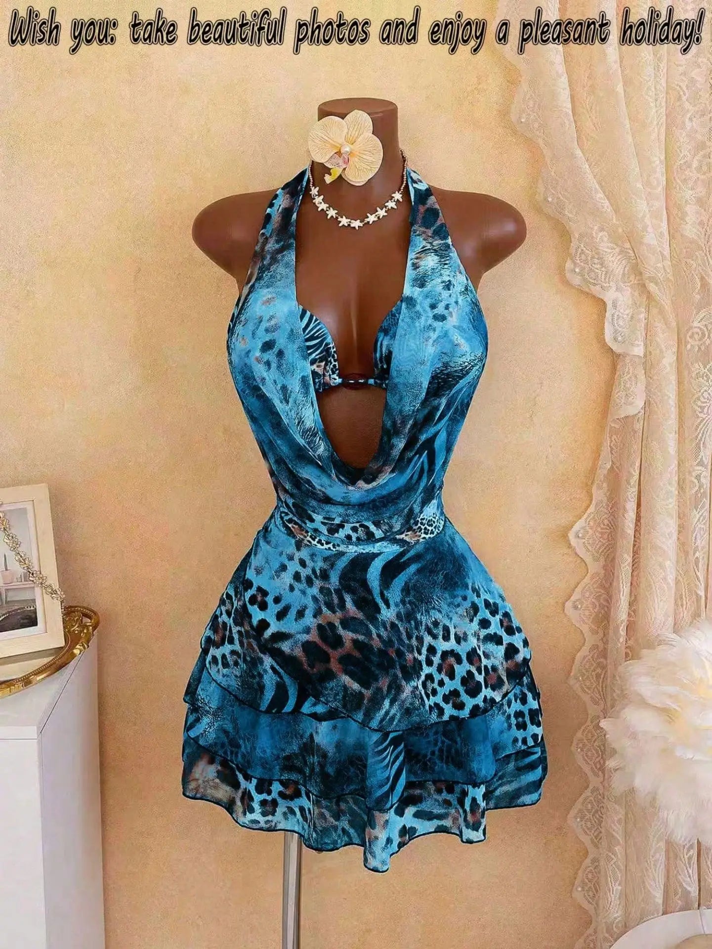 Leopard Print 4 Piece Bathing Suit Women Halter Drape Front Hollow Out Tiered Skirt Cover Up Bikini Set Pool Party Swimwear