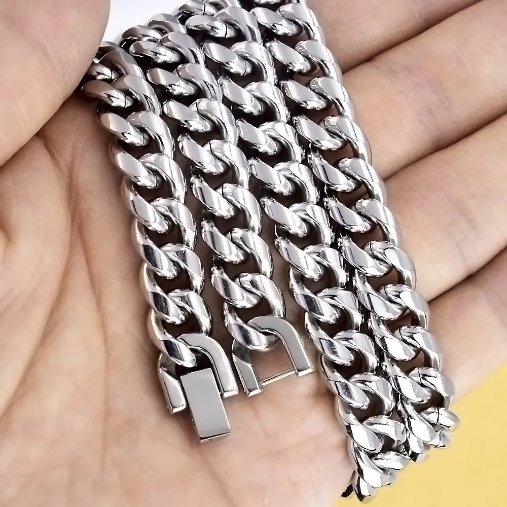 YQ 8MM-12MM Wide 316L Stainless Steel Cuban Link Chain Necklace Bracelet For Men Thick Punk Hip Hop Accessories Male