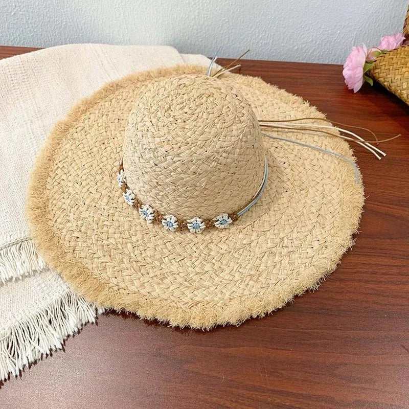 Flower rose decoration raffia straw hat for women summer large brim sun hat seaside atmosphere elegant wedding hat