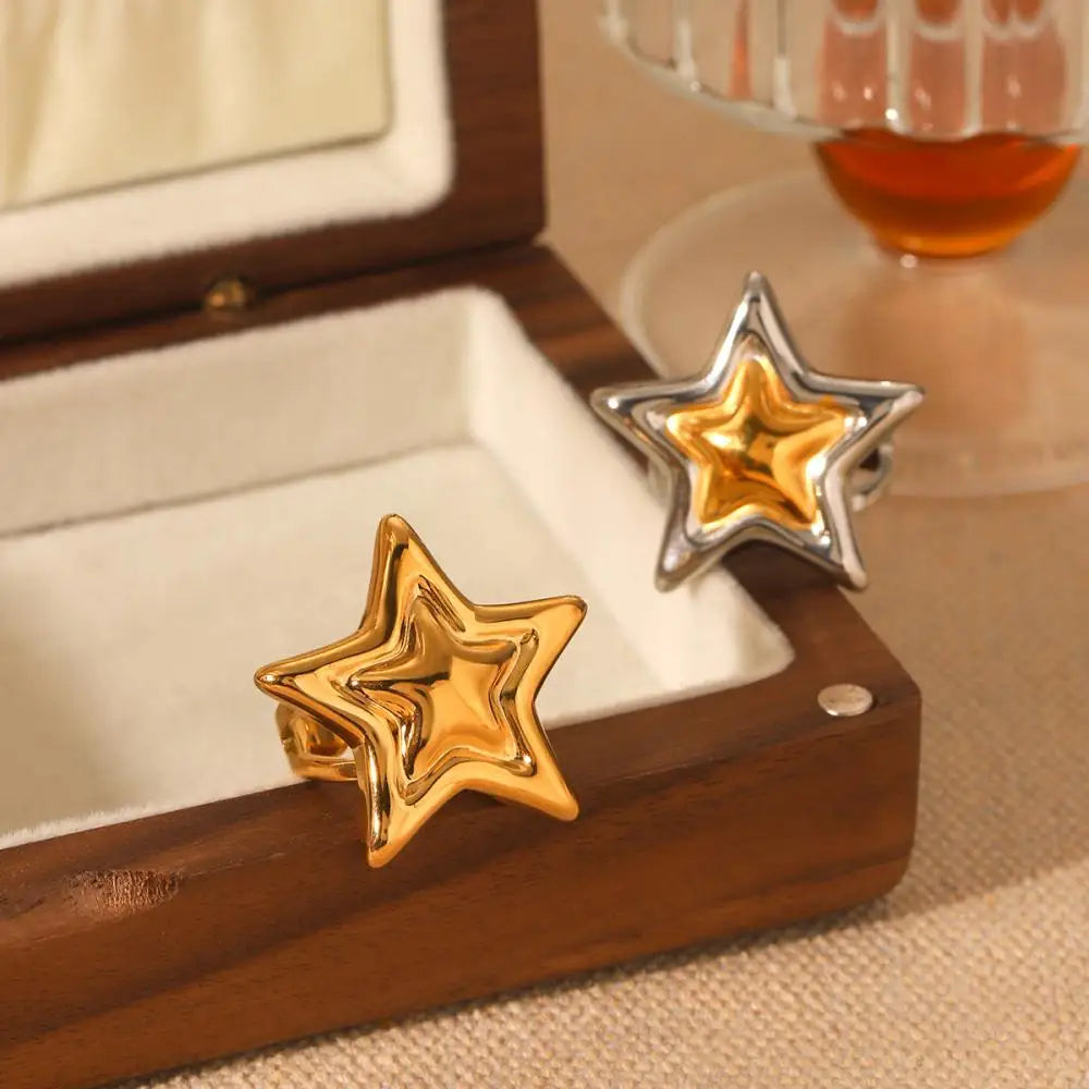 Y2K Star Open Ring for Women Gold Plated Hypoallergenic Adjustable Stainless Steel Fashion Party Jewelry Valentine's Day Gifts