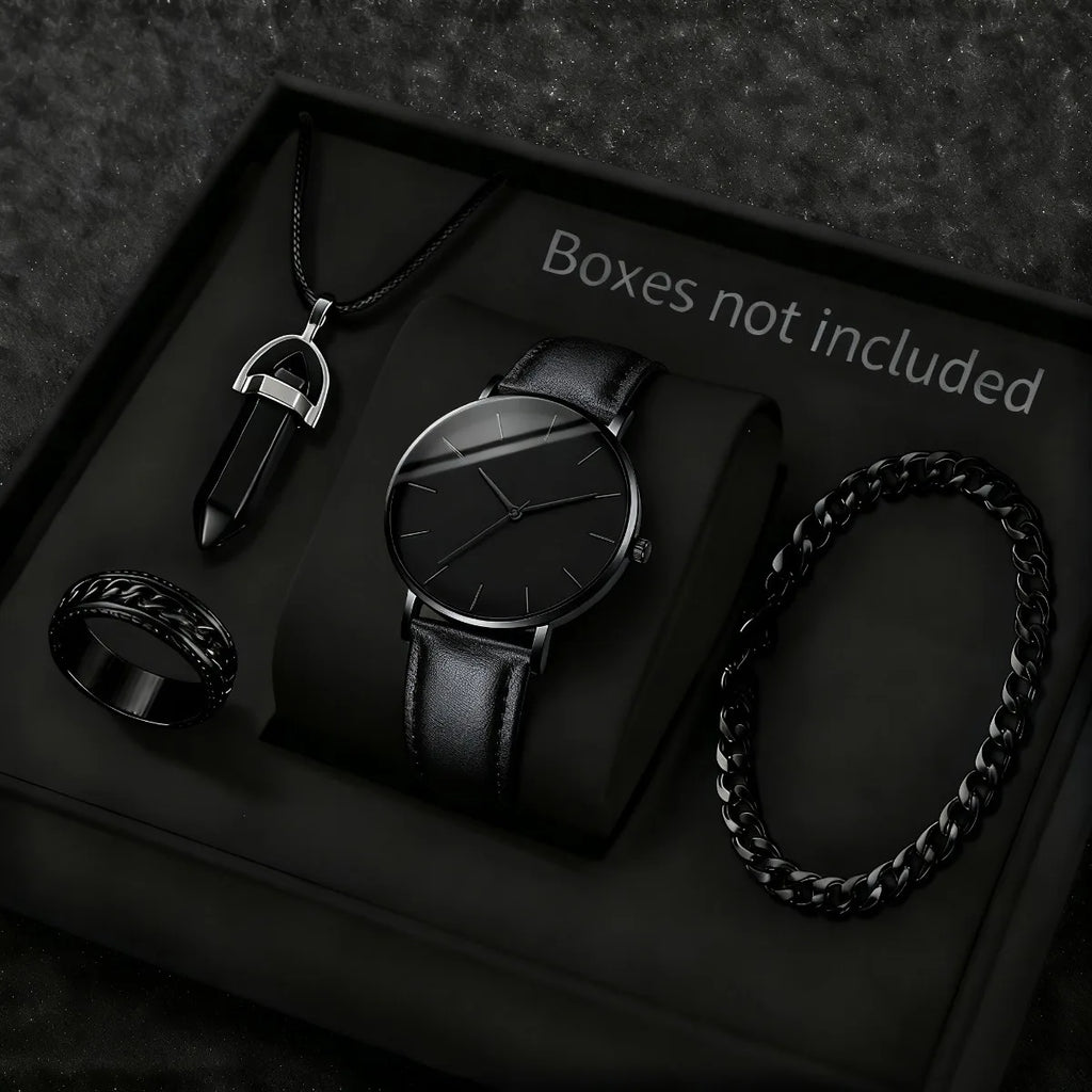 4PCS Fashion Men Business Watches Jewelry Set Simple Dial Quartz Wristwatch for Man Clock Reloj Hombre（Without Box）