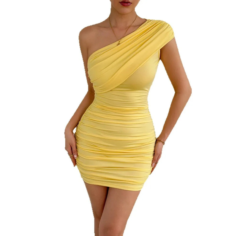 Chic Yellow Gauze Pleated Strapless Dress Women Sleeveless Off Shoulder Slim Short Dresses 2026 Lady Evening Party Vestidos New