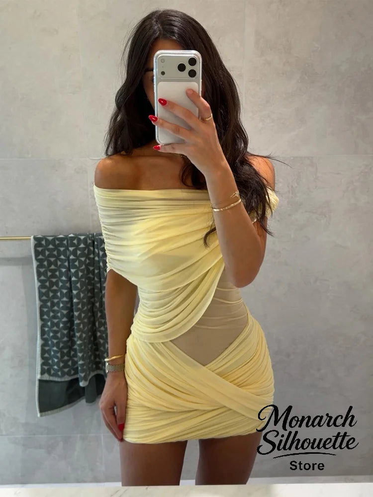 Chic Yellow Gauze Pleated Strapless Dress Women Sleeveless Off Shoulder Slim Short Dresses 2026 Lady Evening Party Vestidos New
