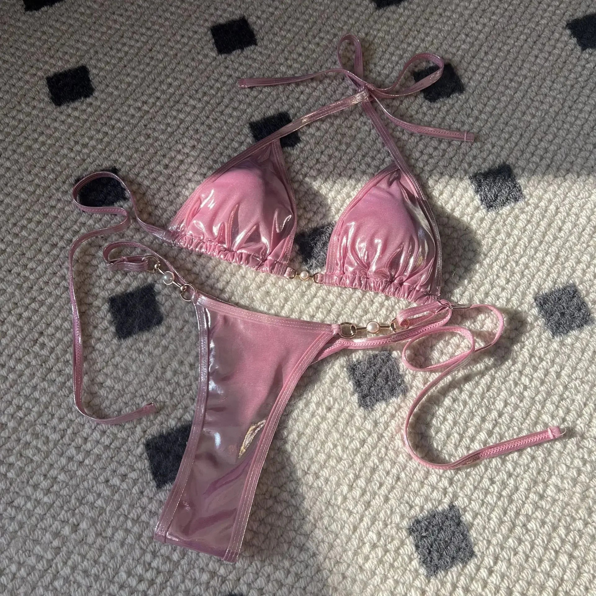 Sexy Shiny Pearl Bikini Swimsuit Hot Sale Of The Season New Crossbody Swimwear Elegant Luminous Design Attractive Female Underwe