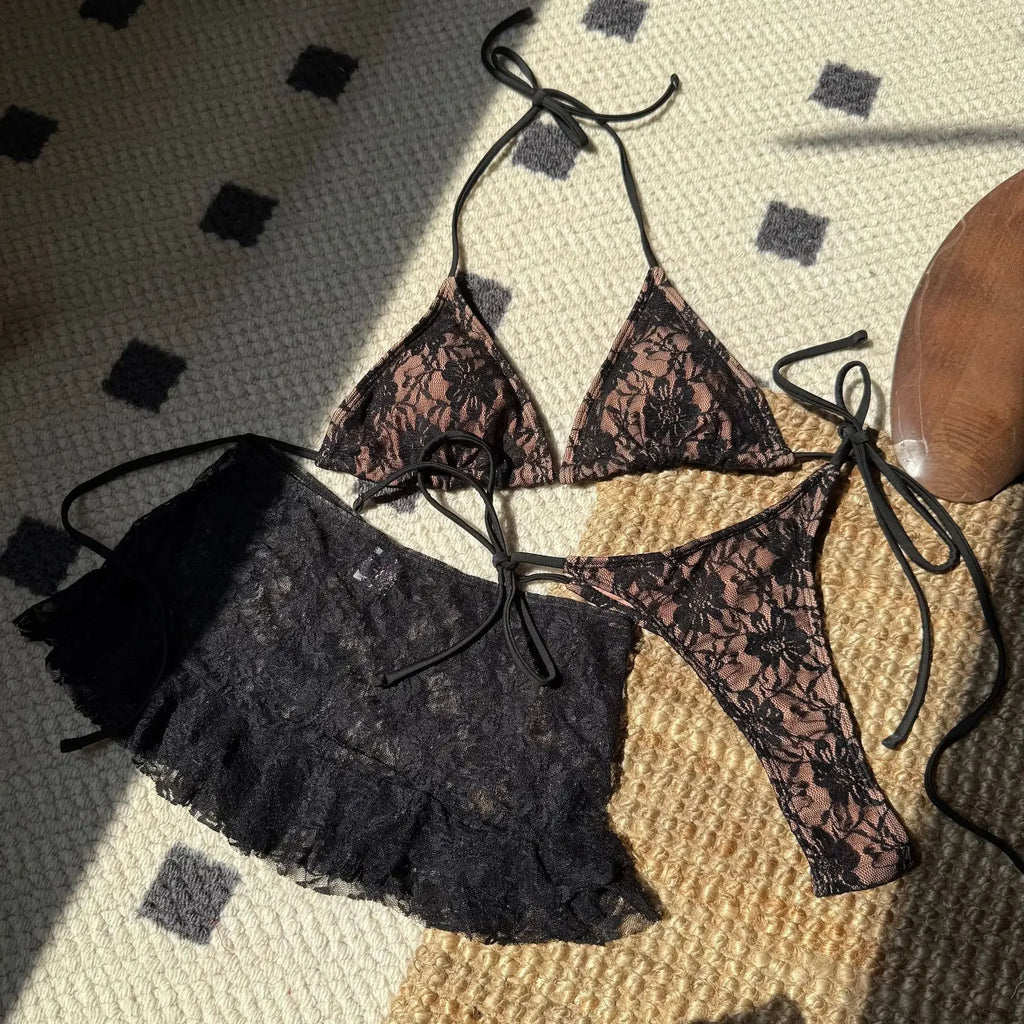 Sexy Lace Micro Mini String Halter Tie Bikinis Sets 3pcs with Ruffles Mini Skirt Black Red Color Swimwear Swimsuit Bathing Suit